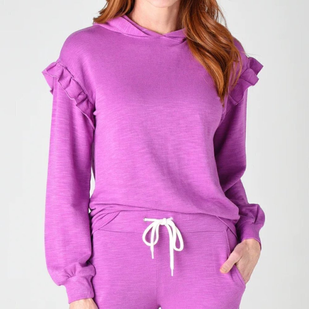 Monrow Women's Super Soft Pull Over Hoody With Ruffle Inset - Size Small - Picture 1 of 6